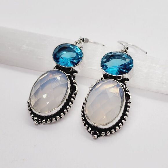 Opalite Blue Topaz Handmade Drop Dangle Earrings Jewelry 2" - Picture 4 of 7